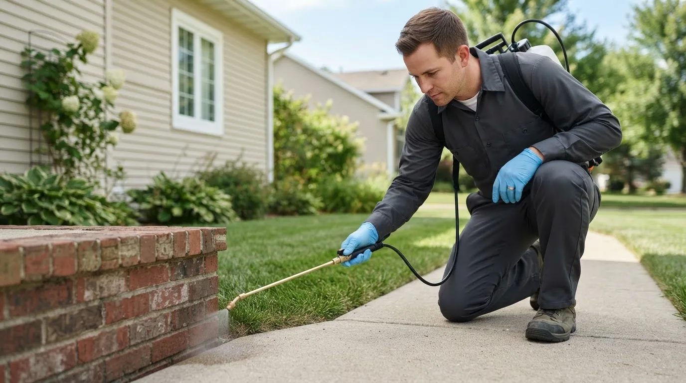 Pest control technician treating a home near Fortine, MT